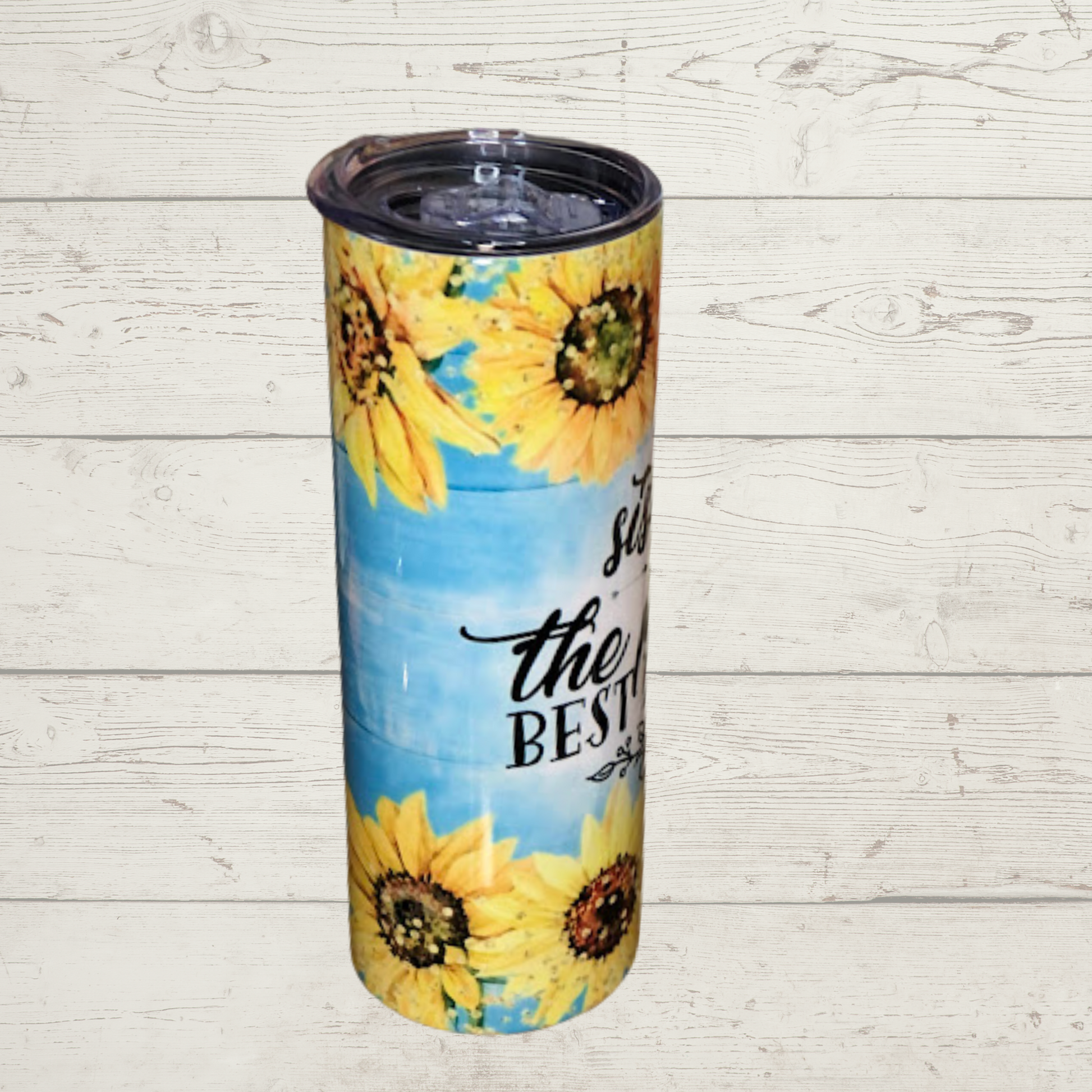 Yellow  Flowers with Blue Background and Text Sisters are the perfect best friends on a Quality 20 oz Tumbler/Mug/Cup with Lid and Stainless Reusale Straw Farm-Lite Candles Custom Gifts and More