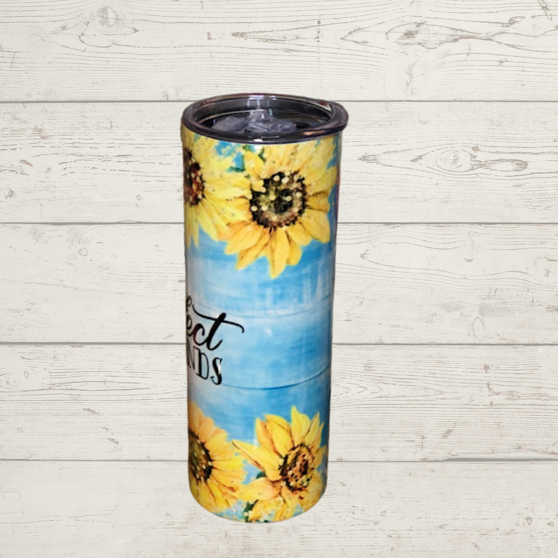 Yellow  Flowers with Blue Background and Text Sisters are the perfect best friends on a Quality 20 oz Tumbler/Mug/Cup with Lid and Stainless Reusale Straw Farm-Lite Candles Custom Gifts and More