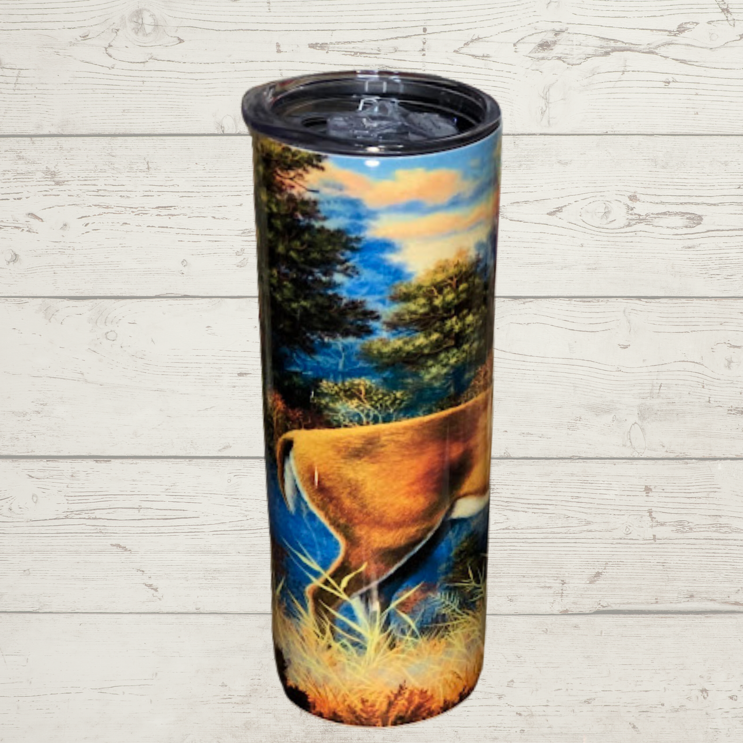 WhiteTail Buck Standing in Field Very Vivid High Definition Image on a Quality 20 oz Tumbler/Mug/Cup with Lid and Stainless Reusable Straw