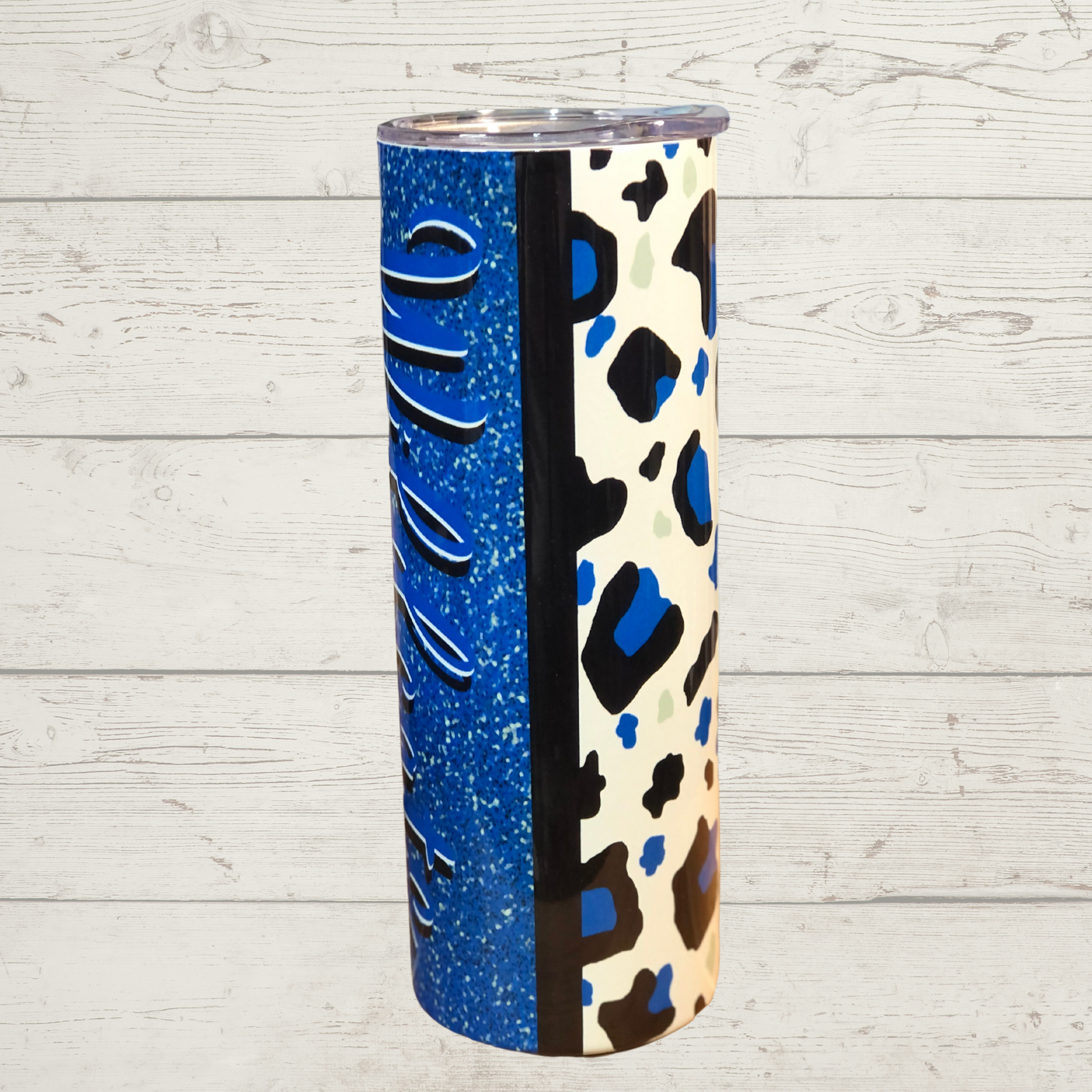 U K Wildcats Text on half Blue Half White Black and Blue Leopard Print High Definition Image on a Qualoity 20 oz Tumbler/Mug/Cup with Lid and Stainless Reusable Straw Farm-Lite Candles Custom Gifts and More