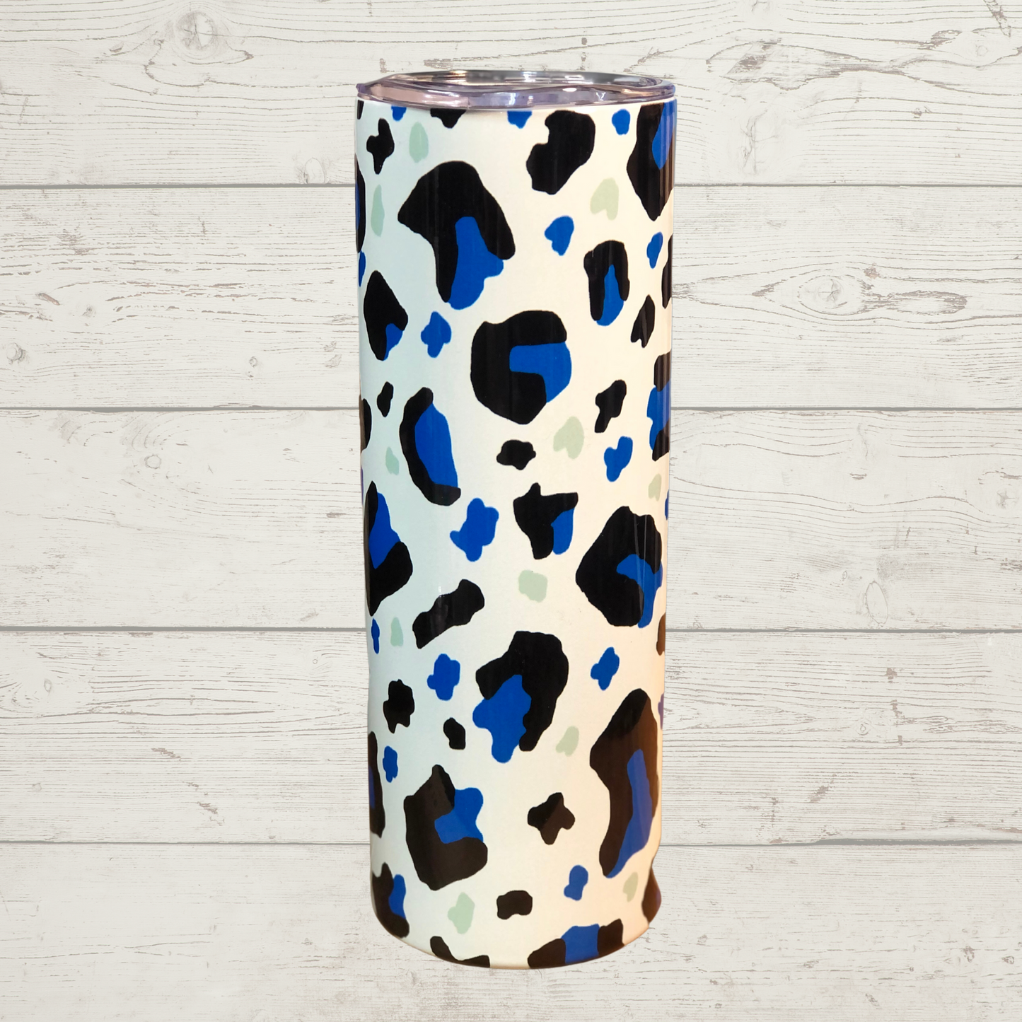 U K Wildcats Text on half Blue Half White Black and Blue Leopard Print High Definition Image on a Qualoity 20 oz Tumbler/Mug/Cup with Lid and Stainless Reusable Straw Farm-Lite Candles Custom Gifts and More