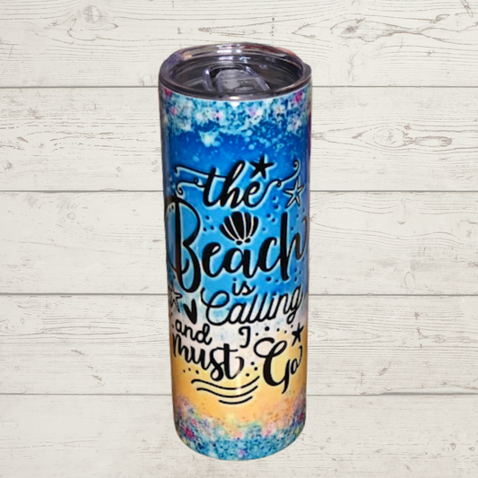 Sand Water Blue Sky Background with The Beach is Calling and I Must Go Text Beautiful Vivid High Definition Image on a Quality 20 oz Tumbler/Mug/Cup wwith Lid and Stainless Reusable Straw Farm-Lite Candles Custom Gifts and More