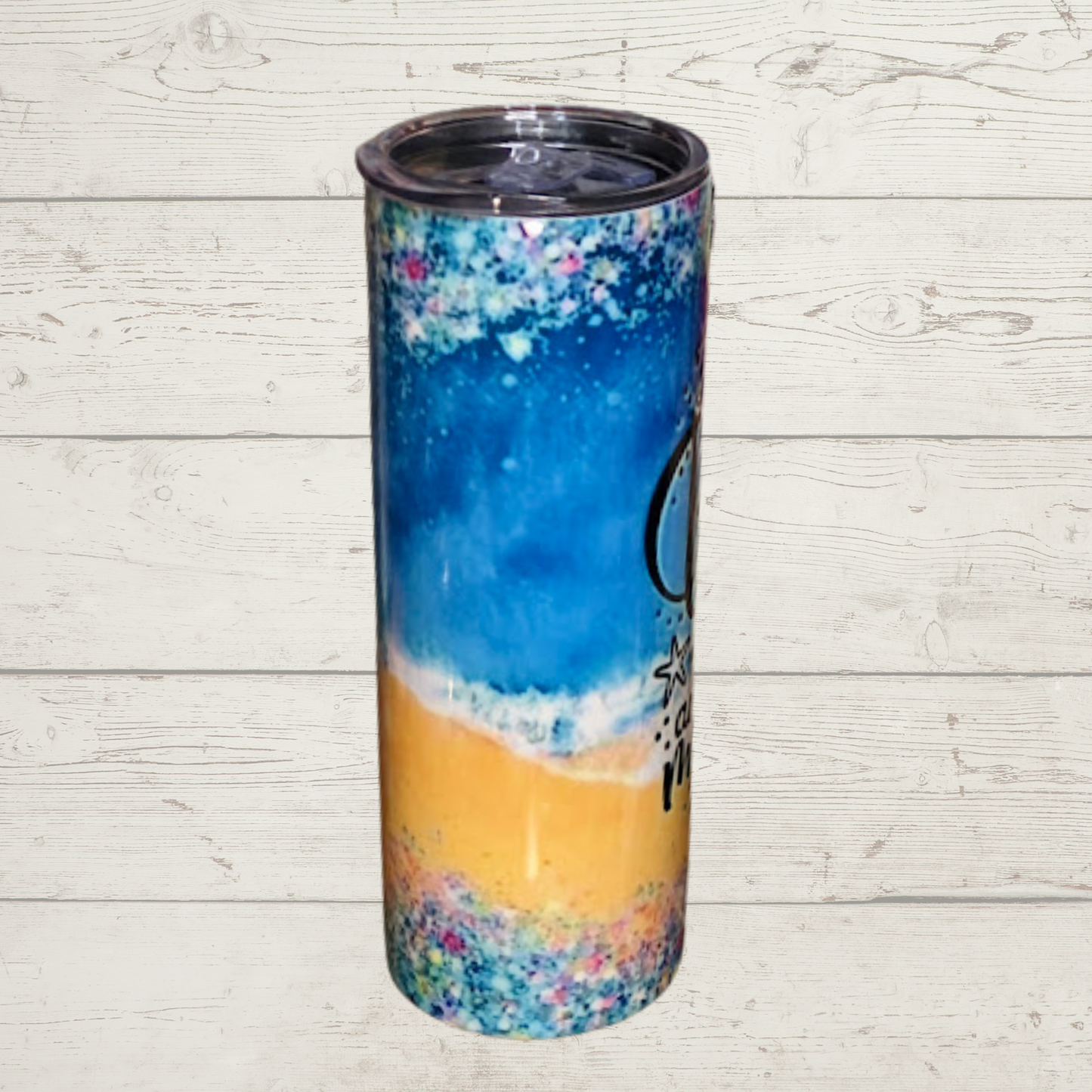 Sand Water Blue Sky Background with The Beach is Calling and I Must Go Text Beautiful Vivid High Definition Image on a Quality 20 oz Tumbler/Mug/Cup wwith Lid and Stainless Reusable Straw Farm-Lite Candles Custom Gifts and More