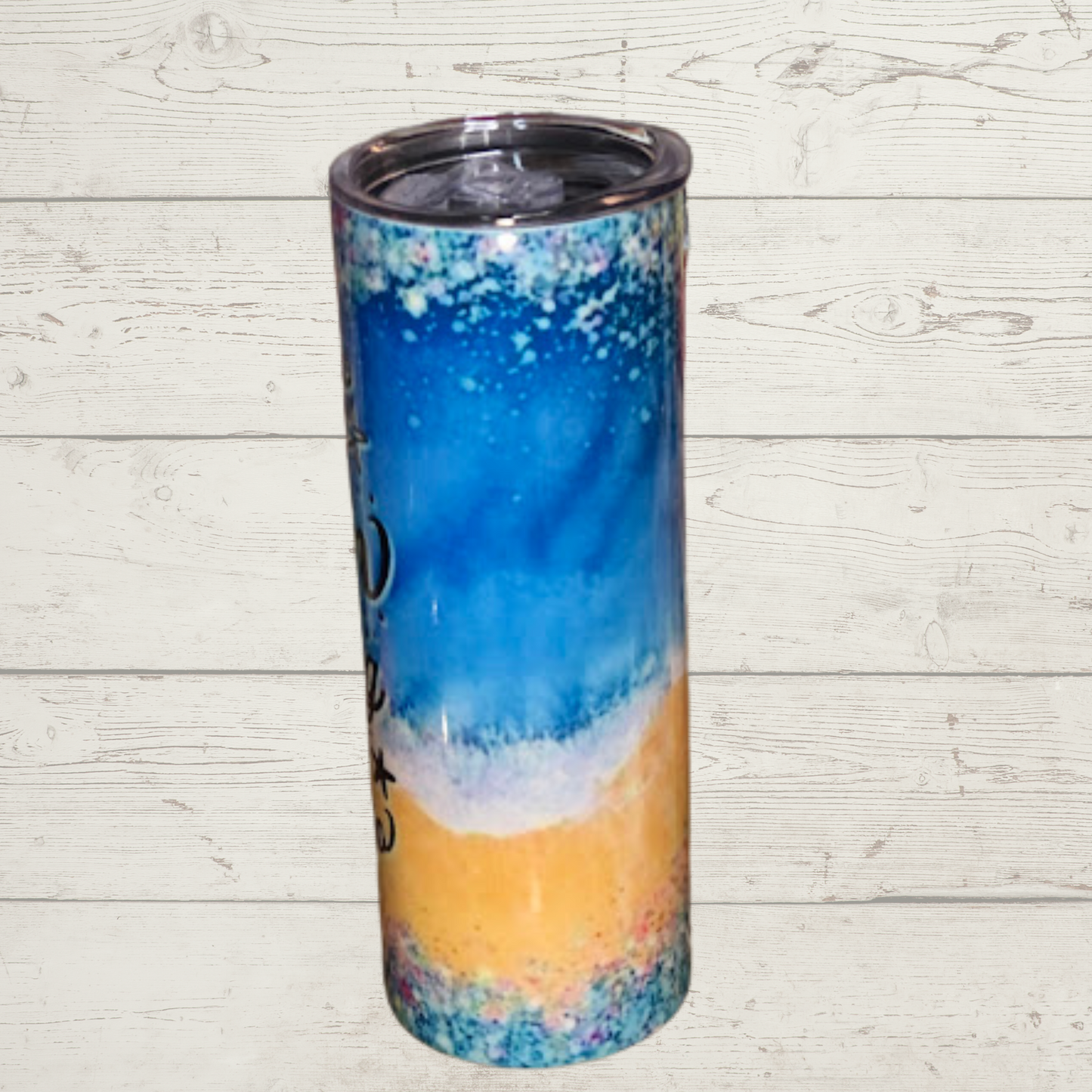 Sand Water Blue Sky Background with The Beach is Calling and I Must Go Text Beautiful Vivid High Definition Image on a Quality 20 oz Tumbler/Mug/Cup wwith Lid and Stainless Reusable Straw Farm-Lite Candles Custom Gifts and More